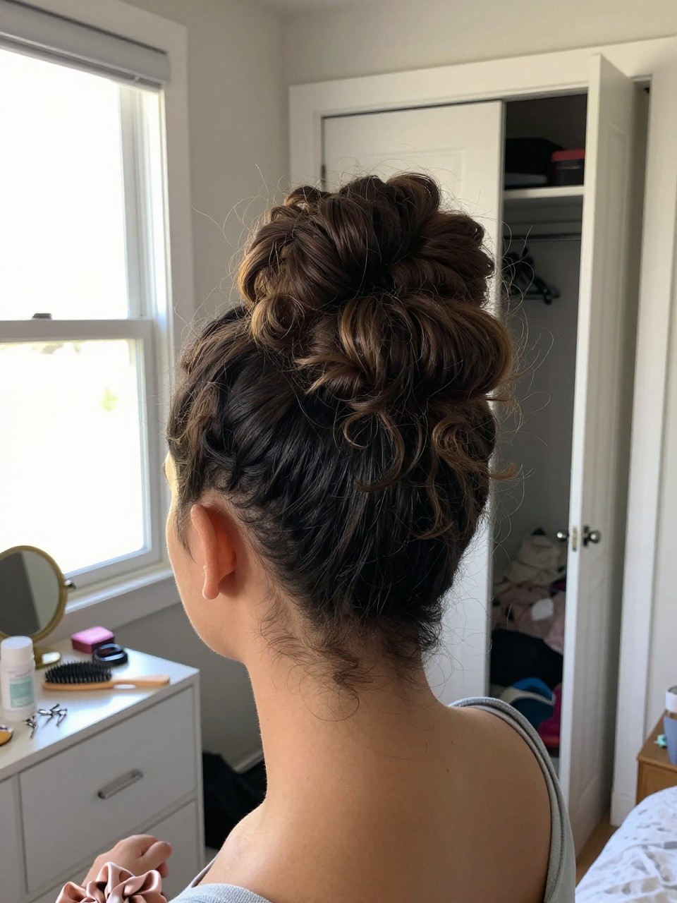 Image d'illustration : Photo d'une femme portant trois chignons bouclés et souples, superposés verticalement de la tête à la nuque, créant une forme de crête iroquoise avec des pointes de boucles lâches visibles autour de chaque chignon, vue de l'arrière de la tête mettant en évidence le placement des chignons, debout dans une chambre baignée de soleil, lumière naturelle de la fenêtre, contenant un petit détail du quotidien tel que des épingles à cheveux et une brosse plate sur la commode, un placard légèrement ouvert derrière elle et un chouchou en soie à son poignet, moment réaliste de préparation, qualité photo iPhone de dernière génération.