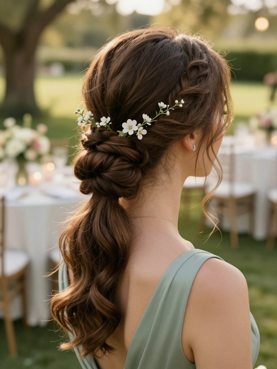 Image de référence : Photo réaliste d’une coiffure romantique : une femme aux longs cheveux bruns et soyeux, coiffés en un chignon bas pour une invitée à un mariage. Cheveux souples et doux, petites épingles florales délicates regroupées au-dessus du chignon, mèches encadrant le visage, robe de cérémonie vert sauge, décor de réception de mariage dans un jardin fleuri et agrémenté de bougies, lumière dorée du crépuscule. Inspiration coiffure féminine pour un mariage. Photo reflex numérique haute résolution, sans texte ni filigrane.