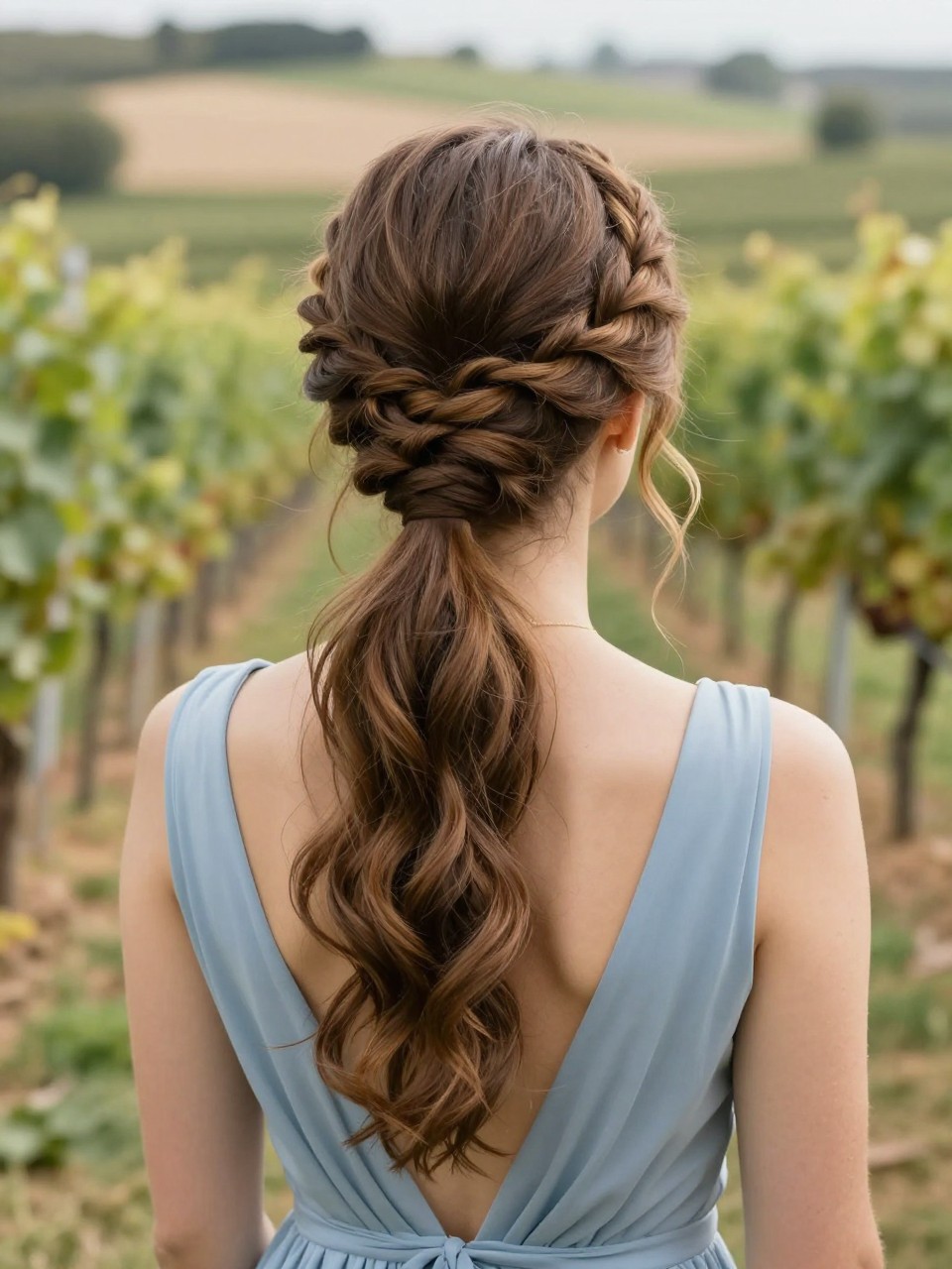 Image de dos réaliste d'une femme aux longs cheveux châtain caramel coiffés en un chignon tressé pour une invitée à un mariage. Deux tresses souples sont enroulées en un chignon bas, quelques mèches s'échappant autour des tempes. Elle porte une robe de cérémonie bleu poudré, le tout dans un décor de vignoble. La lumière naturelle est chaude et l'inspiration pour cette coiffure romantique et créative. Photo reflex numérique haute résolution, sans texte ni filigrane.