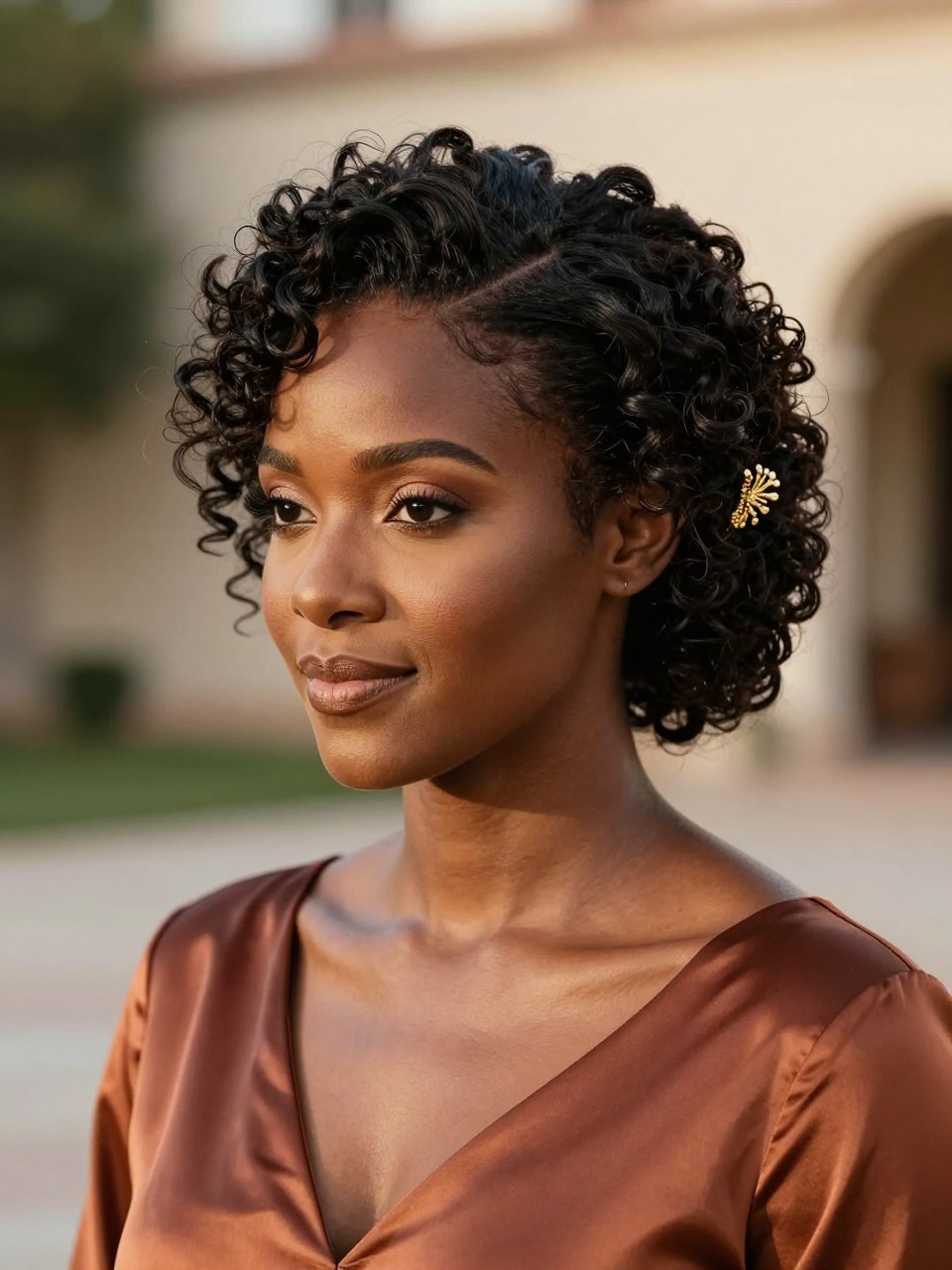 Image de référence : Portrait réaliste d’une femme noire aux cheveux bouclés naturels mi-longs, coiffés en un chignon texturé pour une invitée à un mariage. Les boucles sont relevées et délicatement fixées, quelques mèches encadrant le visage. Un accessoire doré orne l’arrière de la tête. Son teint est brun chaud et elle porte une robe en satin couleur terre cuite. Le mariage a lieu dans une cour extérieure, sous une lumière dorée. Inspiration pour une coiffure naturelle et élégante. Photo reflex numérique haute résolution, sans texte ni filigrane.