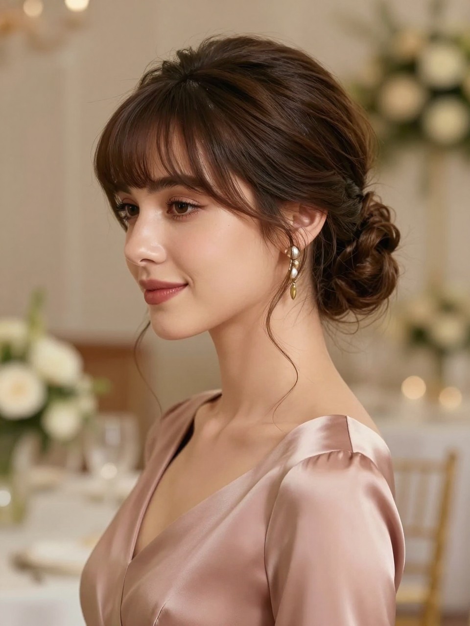 Image de synthèse réaliste d'une femme aux cheveux bruns mi-longs et à frange rideau, coiffée en un chignon souple et volumineux, idéal pour une invitée à un mariage. Le volume est aérien sur le dessus de la tête, le chignon est légèrement maintenu par des épingles à l'arrière, la frange est séparée du visage et encadre le visage. Elle porte des boucles d'oreilles champagne, une robe en satin rose poudré, et se distingue par un élégant décor de lieu de réception avec des fleurs floues, un éclairage chaud et flatteur. Cette inspiration de coiffure féminine et moderne est tirée d'une photographie reflex numérique haute résolution. Elle ne contient aucun texte et aucun filigrane.