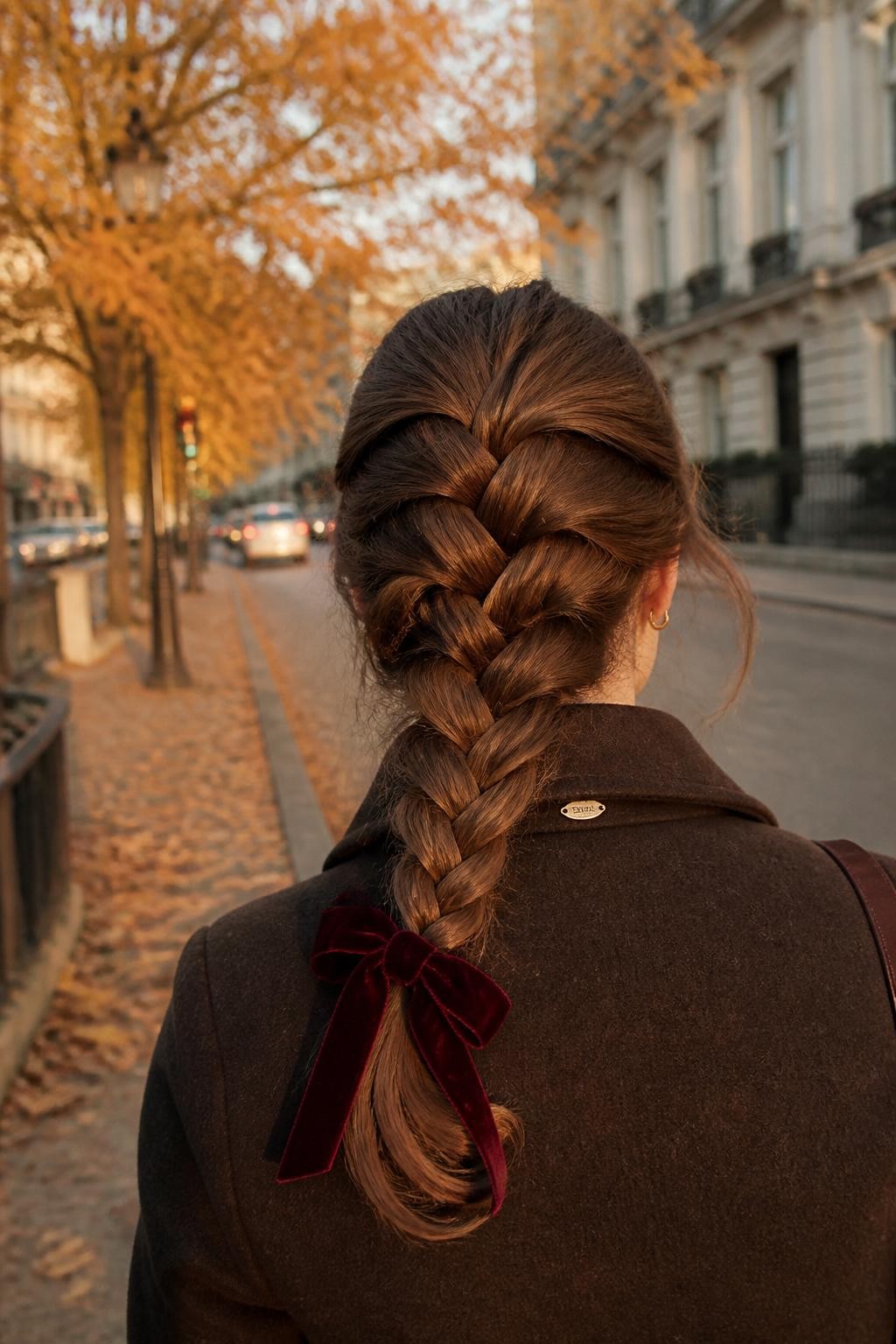 Image suggérée : Photo d’une femme portant une tresse française souple et volumineuse avec des mèches légèrement desserrées et un ruban de velours bordeaux foncé noué à l’extrémité, vue de l’arrière de la tête, arrière-plan de rue légèrement flou avec des feuilles ambrées, lueur dorée du crépuscule, petite barrette attachée au col de son manteau et quelques mèches naturelles autour des oreilles, moment d’automne réaliste en extérieur, qualité photo iPhone de dernière génération.