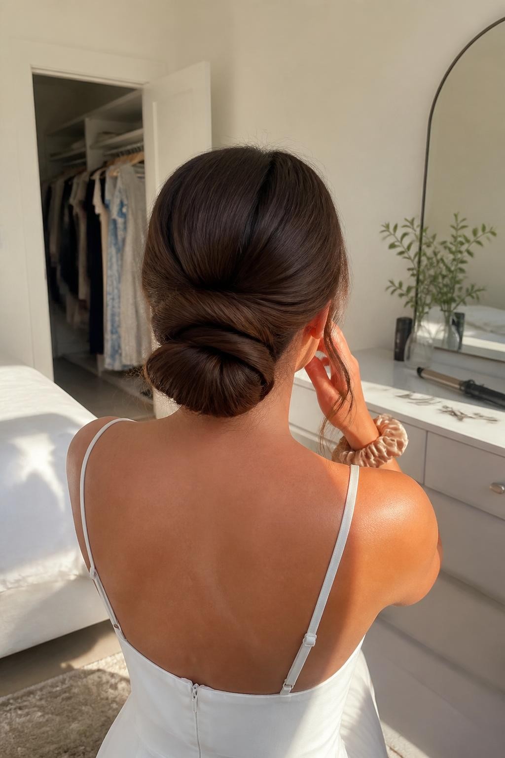 Image de référence : Photo d’une femme portant un chignon bas roulé avec un centre légèrement rentré, un volume doux sur le dessus de la tête et deux mèches latérales bouclées et lâches, vue de l’arrière de la tête, chambre baignée de soleil, lumière naturelle de la fenêtre, épingles à cheveux et fer à friser sur la commode, chouchou en soie autour de son poignet et un placard ouvert derrière elle, moment réaliste de préparation avant un événement, qualité photo iPhone de dernière génération.
