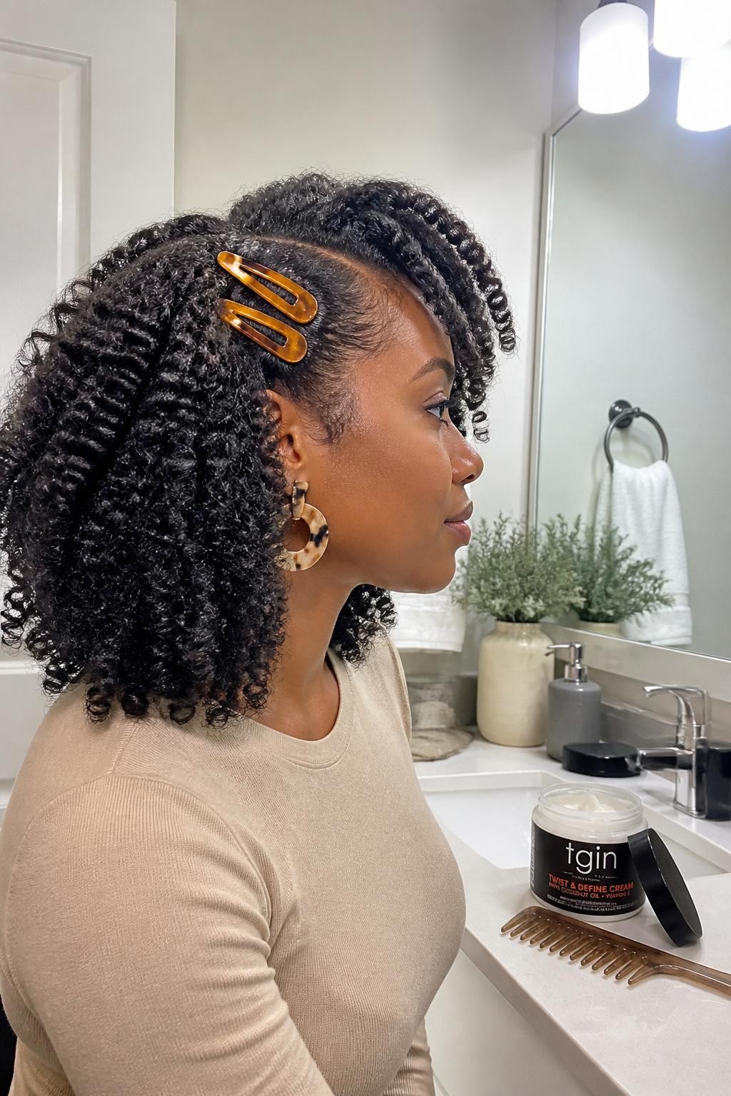 Image de référence : Photo d’une femme noire portant une coiffure twist-out duveteuse mi-longue avec une texture incurvée définie et deux pinces ambrées placées au-dessus d’une oreille, vue de profil, miroir de salle de bain, éclairage intérieur doux, pot ouvert de crème twist et peigne à dents larges sur le comptoir, boucles d’oreilles imposantes visibles, résultats réalistes après lavage, qualité photo iPhone de dernière génération.