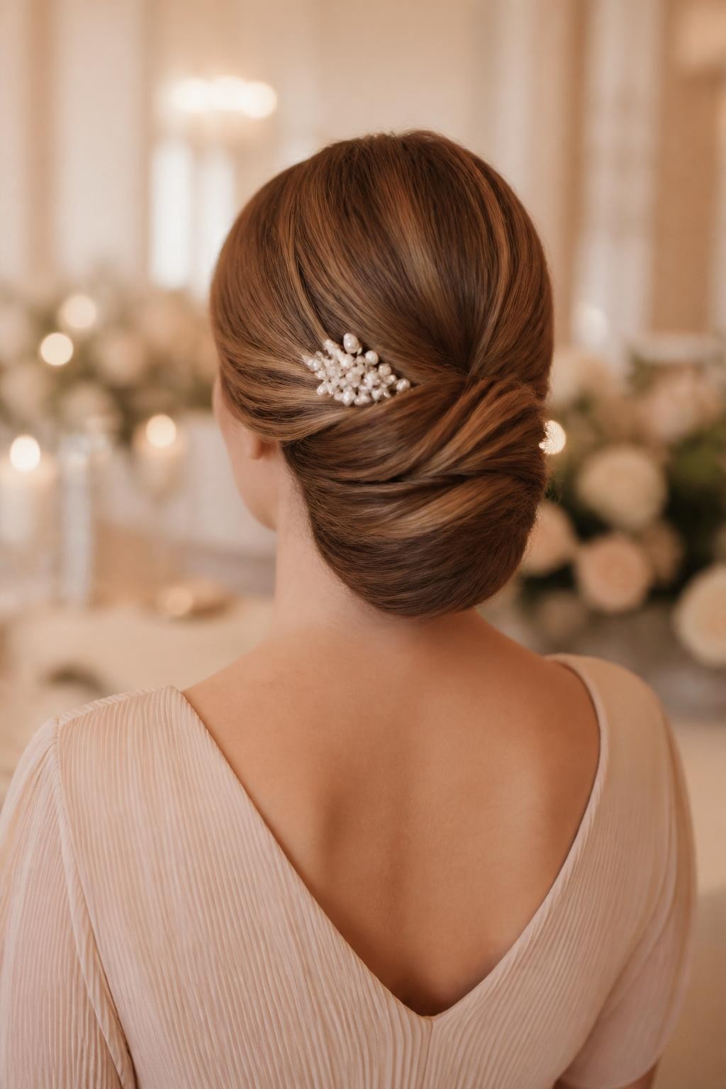 Image de synthèse réaliste, prise de dos, d'une femme aux cheveux blond foncé mi-longs coiffés en un chignon bas et enroulé, idéal pour une invitée à un mariage. Les cheveux sont délicatement repliés vers l'intérieur, formant un chignon bas et net. Le sommet de la tête est lisse et légèrement volumineux. Un peigne à cheveux orné de perles est placé sur le côté. Le décor, ivoire et rose poudré, évoque un lieu de réception. L'éclairage est doux et chaleureux. Cette image représente une inspiration de coiffure féminine raffinée. Photographie reflex numérique haute résolution, sans texte ni filigrane.