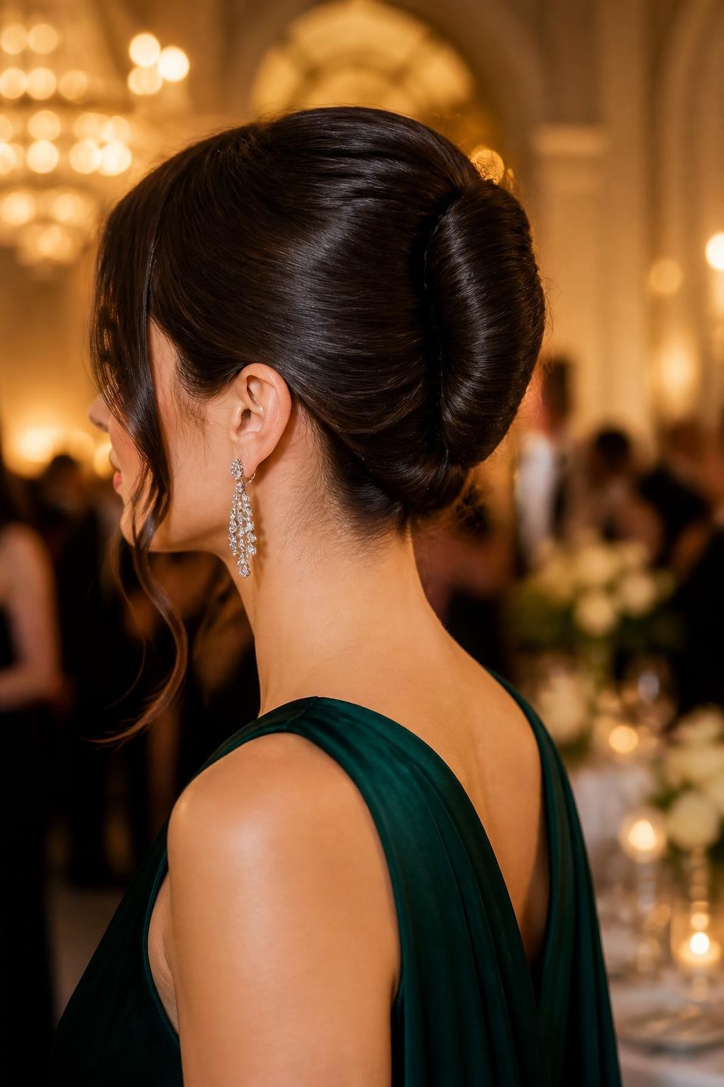 Image de présentation : Une coiffure réaliste, idéale pour un mariage, mettant en scène une femme aux cheveux bruns foncés et brillants, coiffés en un chignon banane élégant. Cheveux lisses sur le dessus de la tête, raie sur le côté, finition souple à l’arrière, boucles d’oreilles en cristal, robe de soirée émeraude, décor luxueux de salle de bal, éclairage ambiant chaleureux, inspiration coiffure élégante et soignée, photographie reflex numérique haute résolution, sans texte, (sans filigrane sur les images)