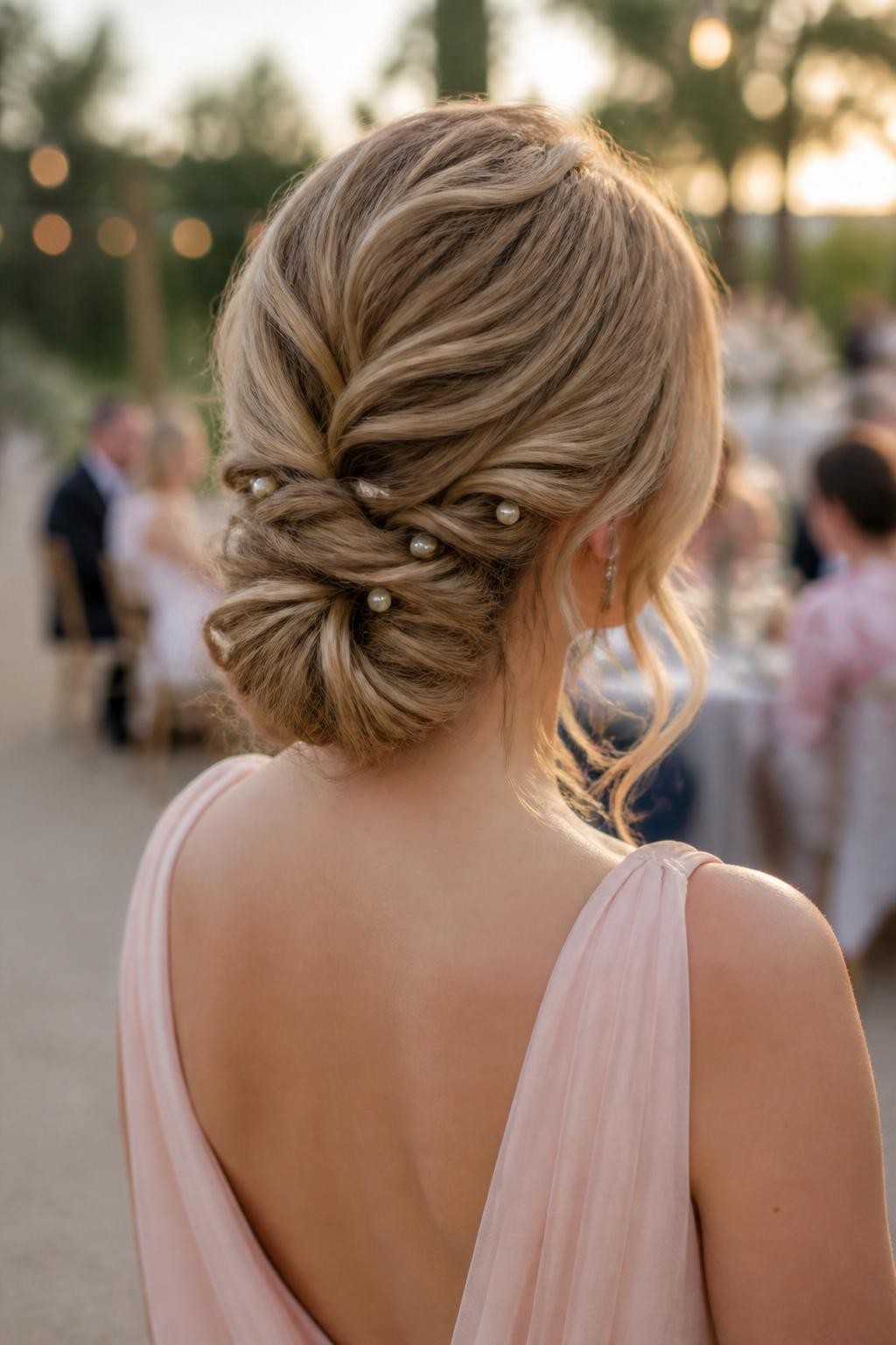 Image de profil réaliste : une femme aux longs cheveux blond miel, coiffés en un chignon bas romantique et torsadé, avec de douces torsades latérales se fondant dans le chignon, de délicates épingles à perles disséminées dans la torsade, et des mèches bouclées lâches sur le devant. Elle porte une robe rose poudré d’invitée à un mariage. Le décor est un jardin extérieur baigné par la lumière dorée du crépuscule. Cette inspiration coiffure féminine et onirique est une photo reflex numérique haute résolution, sans texte ni filigrane.
