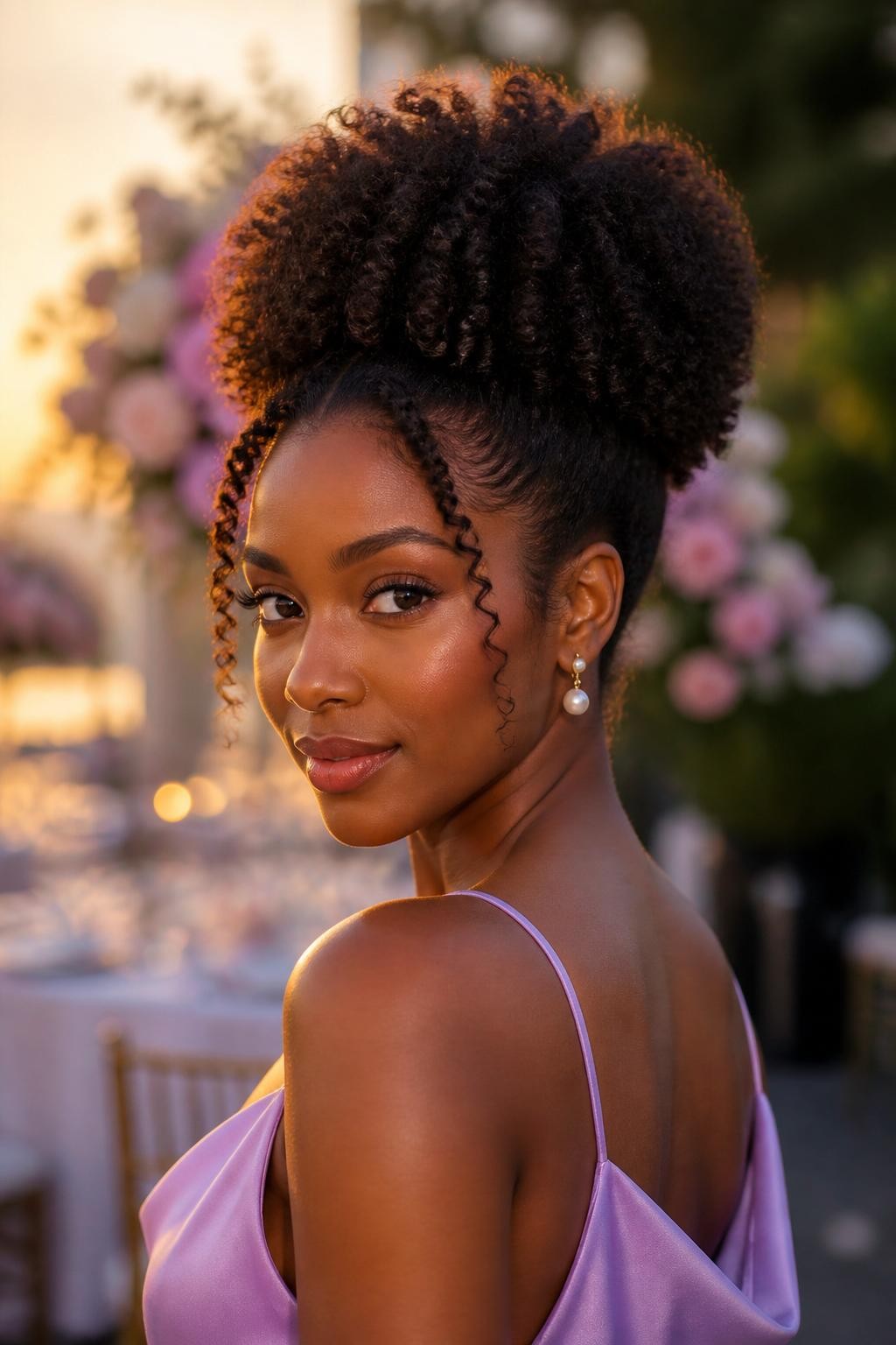 Image de référence : Portrait réaliste d’une femme noire aux cheveux crépus naturels, coiffés en un chignon haut et bouclé, idéal pour un mariage. Chignon volumineux et arrondi, contours souples, quelques mèches bouclées sur le devant, boucles d’oreilles en perles, teint hâlé, robe en satin lilas, élégant décor de mariage en extérieur avec des fleurs floues, lumière chaude du coucher de soleil. Inspiration pour une coiffure naturelle soignée et soignée. Photo reflex numérique haute résolution, sans texte ni filigrane.