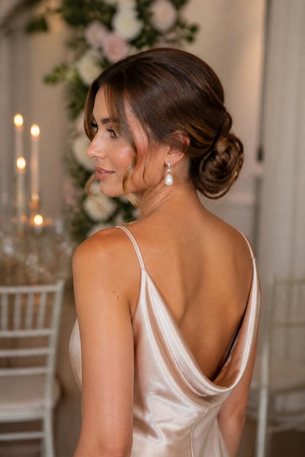 Image de synthèse réaliste d'une femme aux cheveux châtain mi-longs, coiffés en un chignon bas et souple, idéal pour un mariage. Raie au milieu, chignon flou à la nuque, mèches bouclées encadrant le visage, boucles d'oreilles pendantes en perles, robe en satin champagne, élégant lieu de réception en intérieur avec fleurs floues et lumière des bougies, éclairage chaud et flatteur. Inspiration coiffure féminine et soignée. Photographie reflex numérique haute résolution, sans texte (pas de filigrane sur les images).