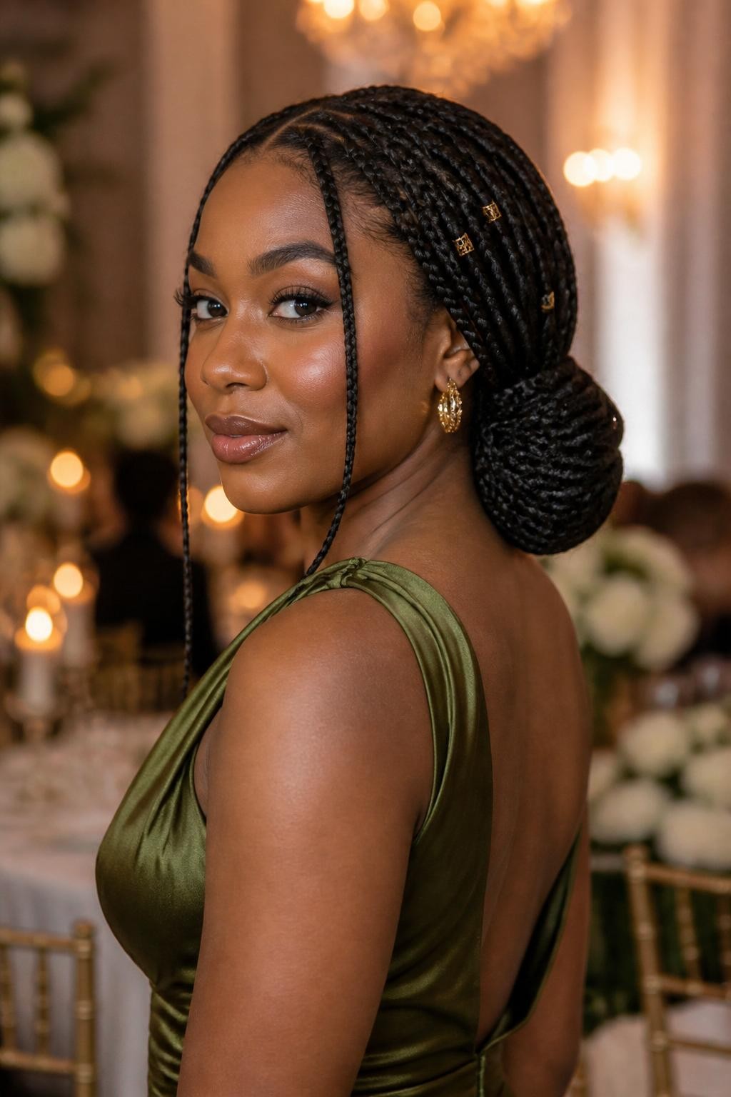 Image : Portrait réaliste d’une femme noire aux longues tresses africaines sans nœuds, coiffées en un chignon bas pour une invitée à un mariage. Les tresses sont soigneusement enroulées en un chignon arrondi à la nuque, quelques tresses avant sont laissées libres. Manchette dorée, teint hâlé, robe en satin olive, décor élégant d’intérieur (lieu de réception), éclairage chaleureux et raffiné. Inspiration coiffure protectrice et soignée. Photo reflex numérique haute résolution, sans texte (ni filigrane).