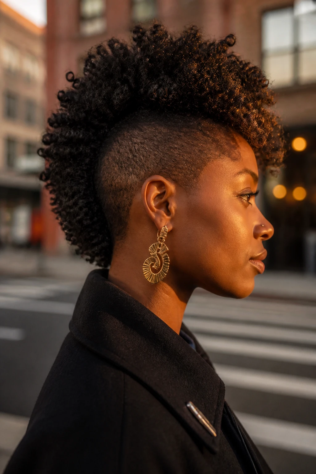 Photo d'une femme noire arborant une crête iroquoise bouclée spectaculaire, les côtés rasés et des boucles denses s'élevant du front à la nuque, vue de profil sur fond de rue légèrement floue, lueur dorée de l'heure dorée, avec de petits détails du quotidien comme des boucles d'oreilles sculpturales et une fine pince à cheveux attachée au col de son manteau, photographie réaliste prise sur le vif, qualité photo iPhone de dernière génération.