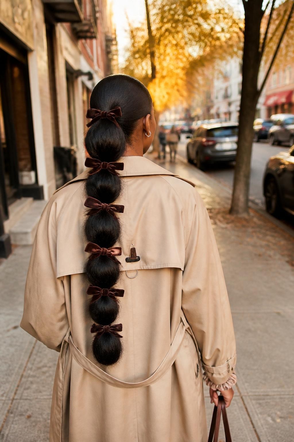 Image de référence : Photo d’une femme noire portant une longue tresse texturée à bulles avec des sections arrondies régulières et de petits nœuds en velours marron chocolat, vue de l’arrière de la tête, arrière-plan de rue légèrement flou avec des arbres d’automne aux tons chauds, lueur dorée, une petite pince à cheveux attachée au col de son trench-coat et un chouchou en soie autour de son poignet, photo réaliste prise sur le vif en marchant, qualité photo iPhone de dernière génération.