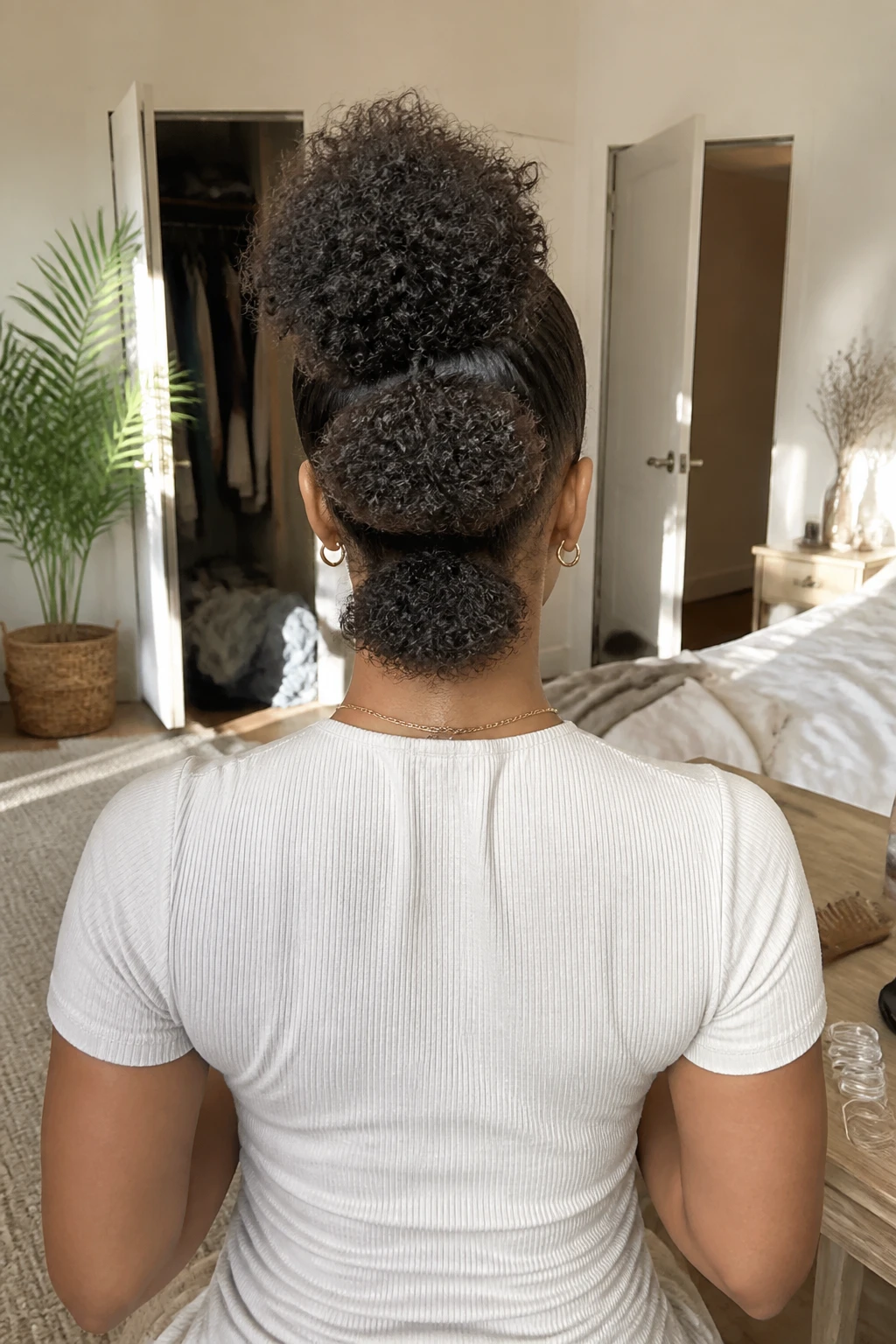 Image d'illustration : Photo d'une femme portant une fausse crête bouclée composée de trois queues de cheval reliées verticalement de la tête à la nuque, vue de l'arrière de la tête montrant la forme complète et volumineuse, debout dans une chambre baignée de soleil, lumière naturelle, avec de petits détails réalistes comme des élastiques transparents sur la coiffeuse, un peigne à dents larges à proximité et une armoire légèrement ouverte derrière elle, moment réaliste de préparation, qualité photo iPhone de dernière génération.