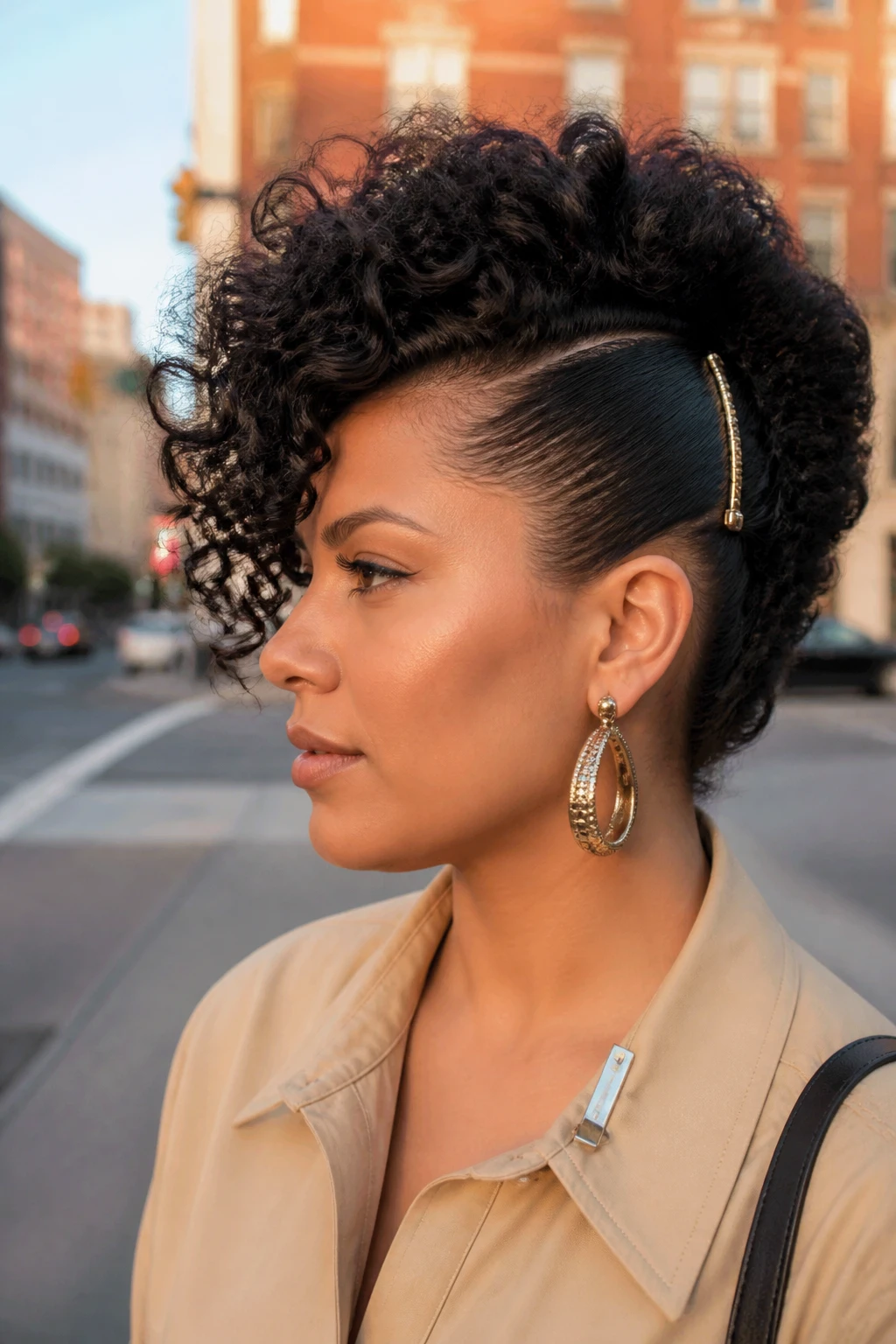 Image d'illustration : Photo d'une femme latine portant une fausse crête bouclée asymétrique avec une raie profonde sur le côté, un côté relevé et de larges boucles balayant le centre, vue de profil sur fond de rue légèrement floue, lueur dorée, avec un petit détail du quotidien comme des boucles d'oreilles imposantes et une fine barrette attachée à son col, photographie réaliste prise sur le vif, qualité photo iPhone de dernière génération.
