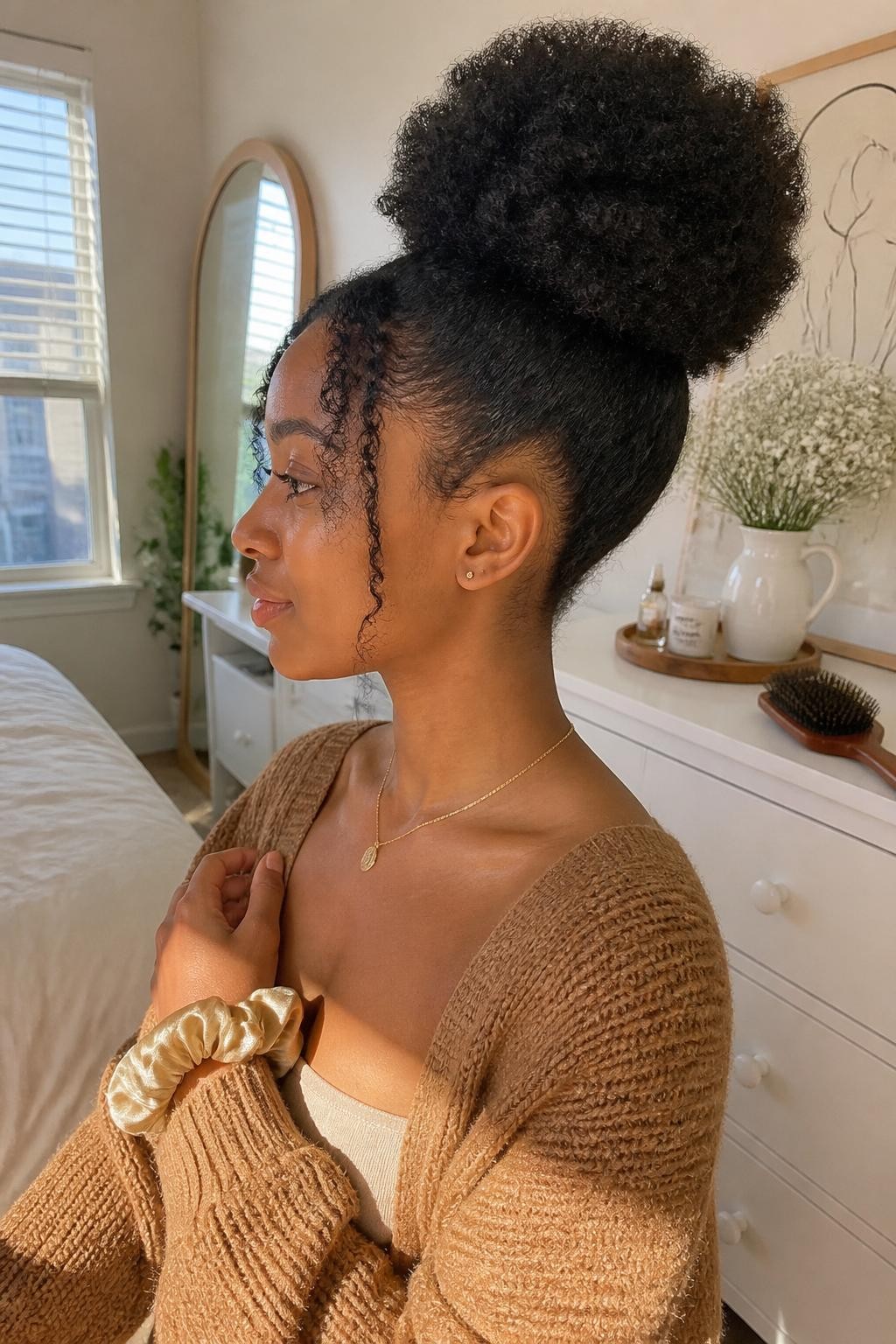 Image de référence : Photo d’une femme noire portant un chignon haut et volumineux à la texture légèrement frisée, deux mèches bouclées encadrant son visage, et des contours naturels soigneusement dessinés, vue de profil spontanée, chambre baignée de soleil, lumière naturelle chaude provenant d’une fenêtre, un chouchou en soie autour de son poignet et une brosse à cheveux posée sur la commode, un cardigan en maille confortable visible, moment matinal réaliste et spontané, qualité photo iPhone de dernière génération.