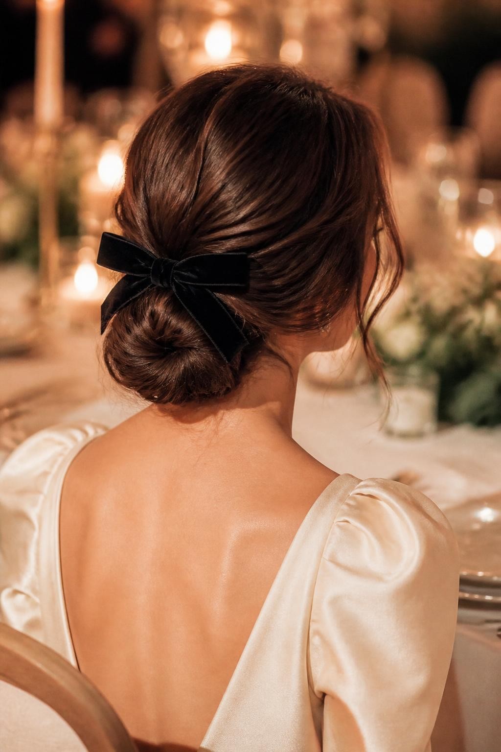 Image de référence : Une photo réaliste d’une femme aux cheveux châtains mi-longs, coiffés en un chignon bas et souple, idéal pour un mariage. Le chignon est légèrement torsadé à la nuque, orné d’un nœud en velours noir. Quelques mèches encadrent son visage. Elle porte une robe de cérémonie crème. Le décor évoque un dîner de mariage éclairé aux chandelles. Inspiration coiffure romantique et élégante. Photo reflex numérique haute résolution, sans texte ni filigrane.