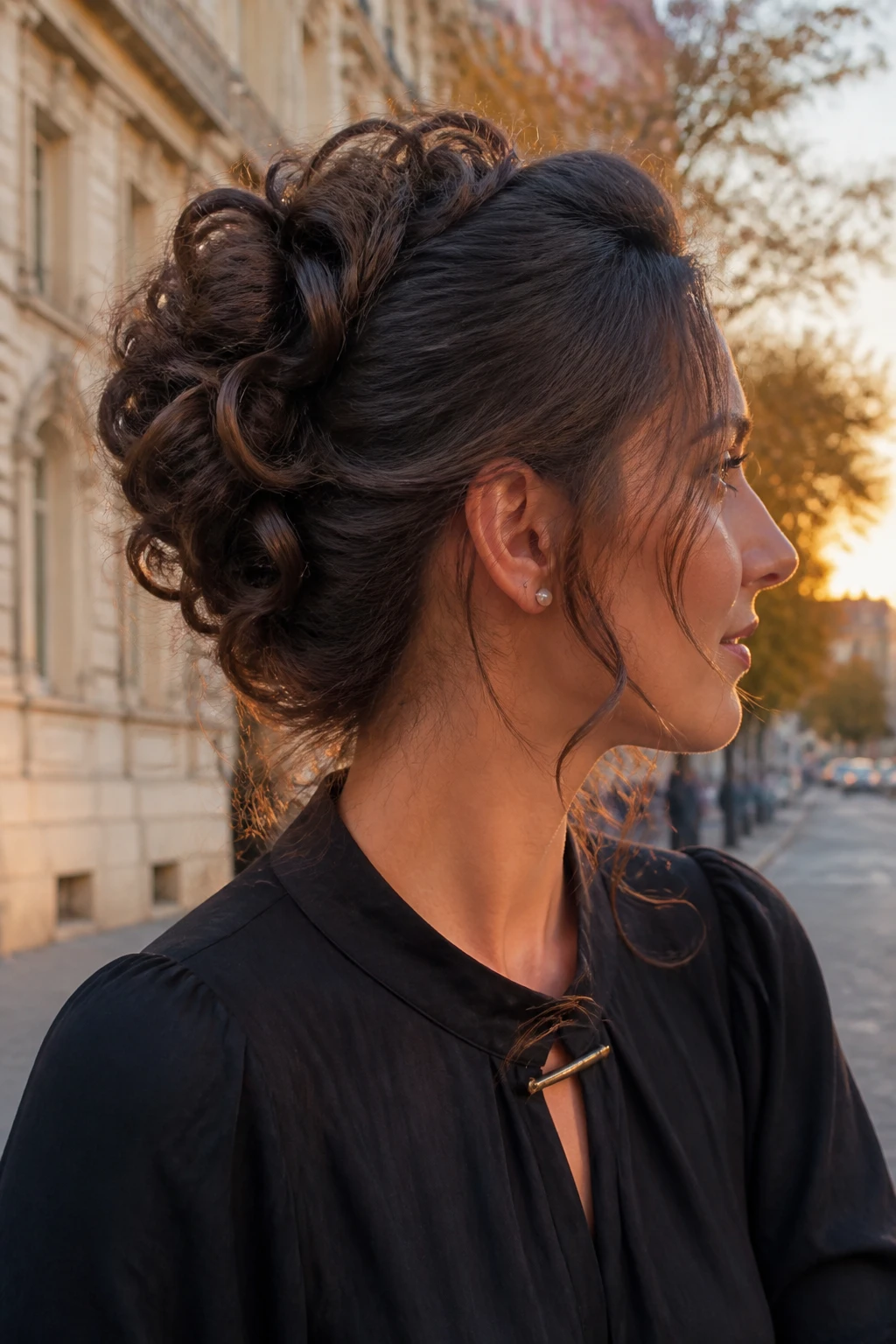 Image d'illustration : Photo d'une femme portant une coiffure mohawk bouclée et lâche, avec des boucles souples fixées individuellement au centre et des mèches détendues autour du visage, vue de profil sur un fond de rue légèrement flou, lueur dorée, avec un petit détail du quotidien comme des boucles d'oreilles en perles qui dépassent et une fine pince à cheveux attachée au col de sa robe, photographie réaliste prise sur le vif, qualité photo iPhone de dernière génération.